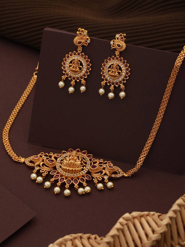 Gold Plated Kempo Studded Goddedd Lakshmi Temple Choker Jewellery Set : SJNK2218