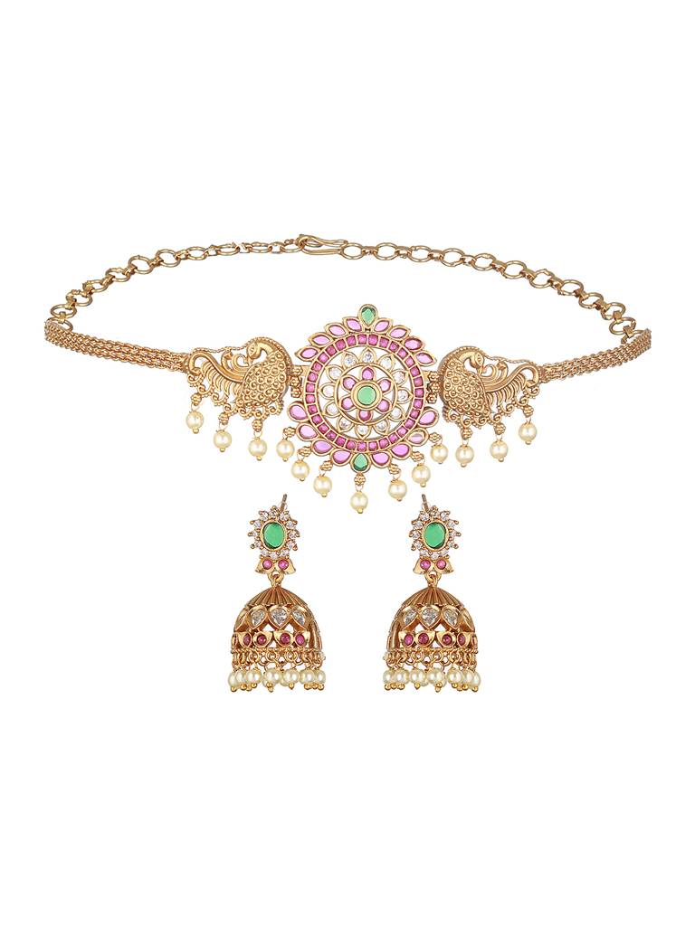 Gold Plated Cz Studded Floral Peacock Choker Jewellery Set : SJNK2221