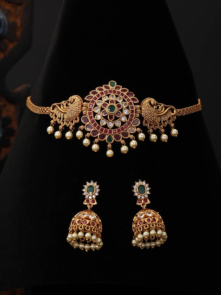 Gold Plated Cz Studded Floral Peacock Choker Jewellery Set : SJNK2221