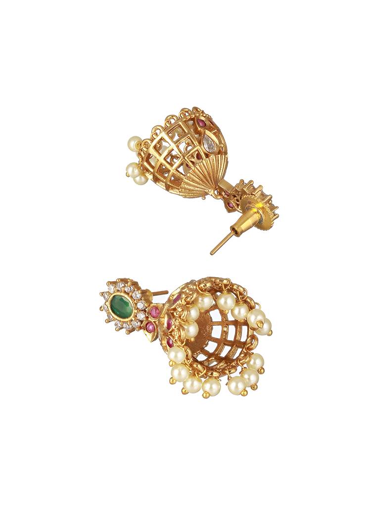 Gold Plated Cz Studded Floral Peacock Choker Jewellery Set : SJNK2221