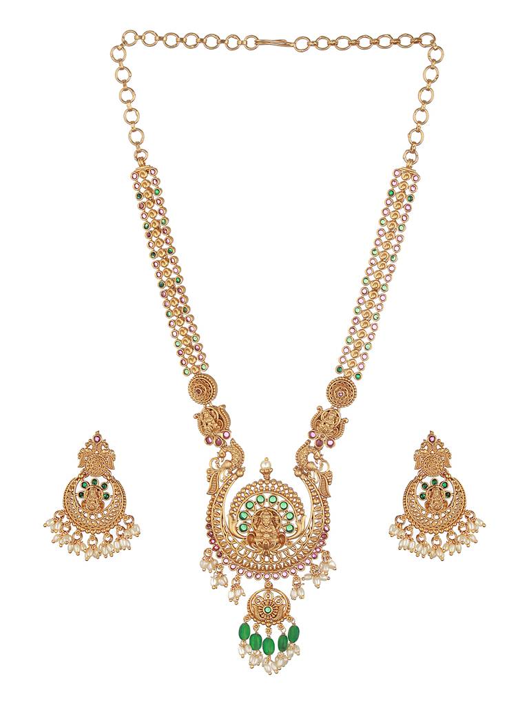 Gold Plated Zircon Studded Lakshmi Ji Necklace Jewellery Set : SJNK2222