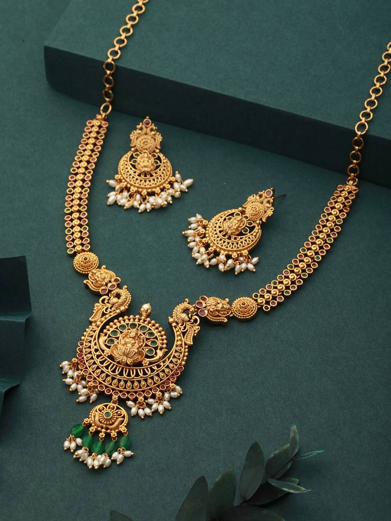 Gold Plated Zircon Studded Lakshmi Ji Necklace Jewellery Set : SJNK2222