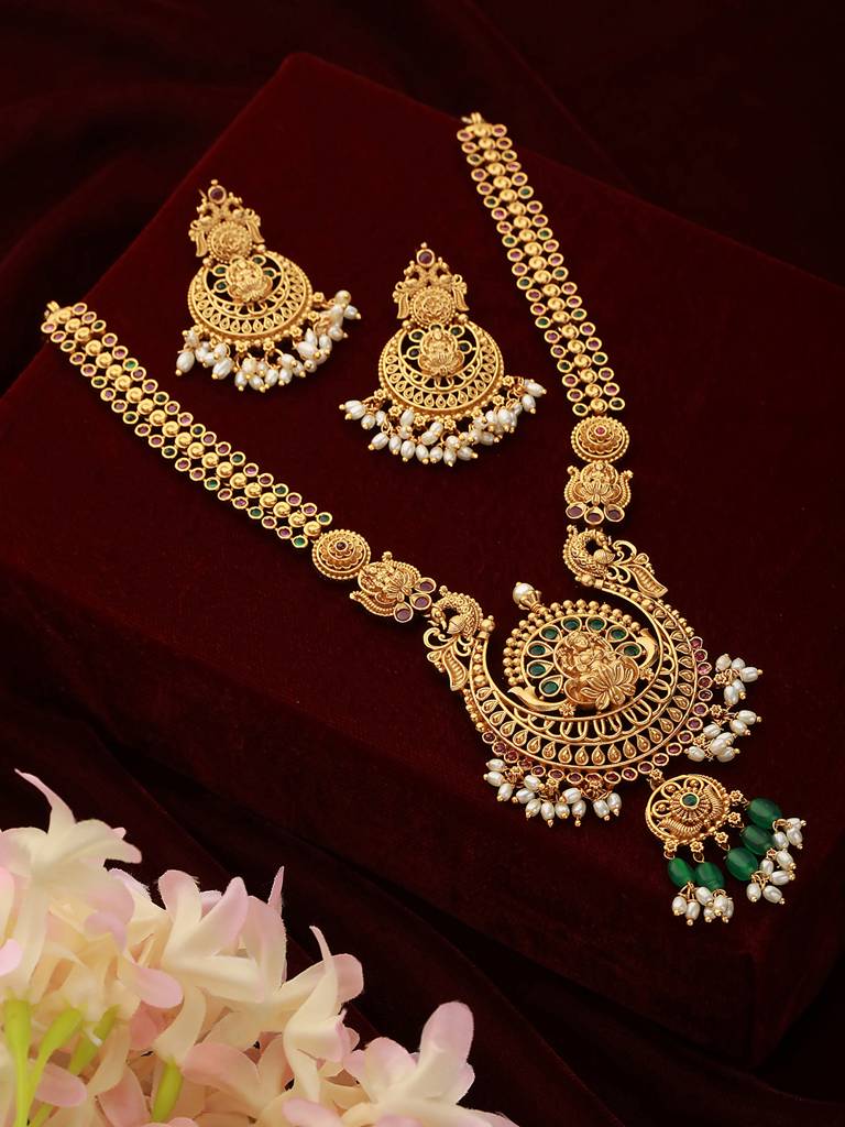 Gold Plated Zircon Studded Lakshmi Ji Necklace Jewellery Set : SJNK2222