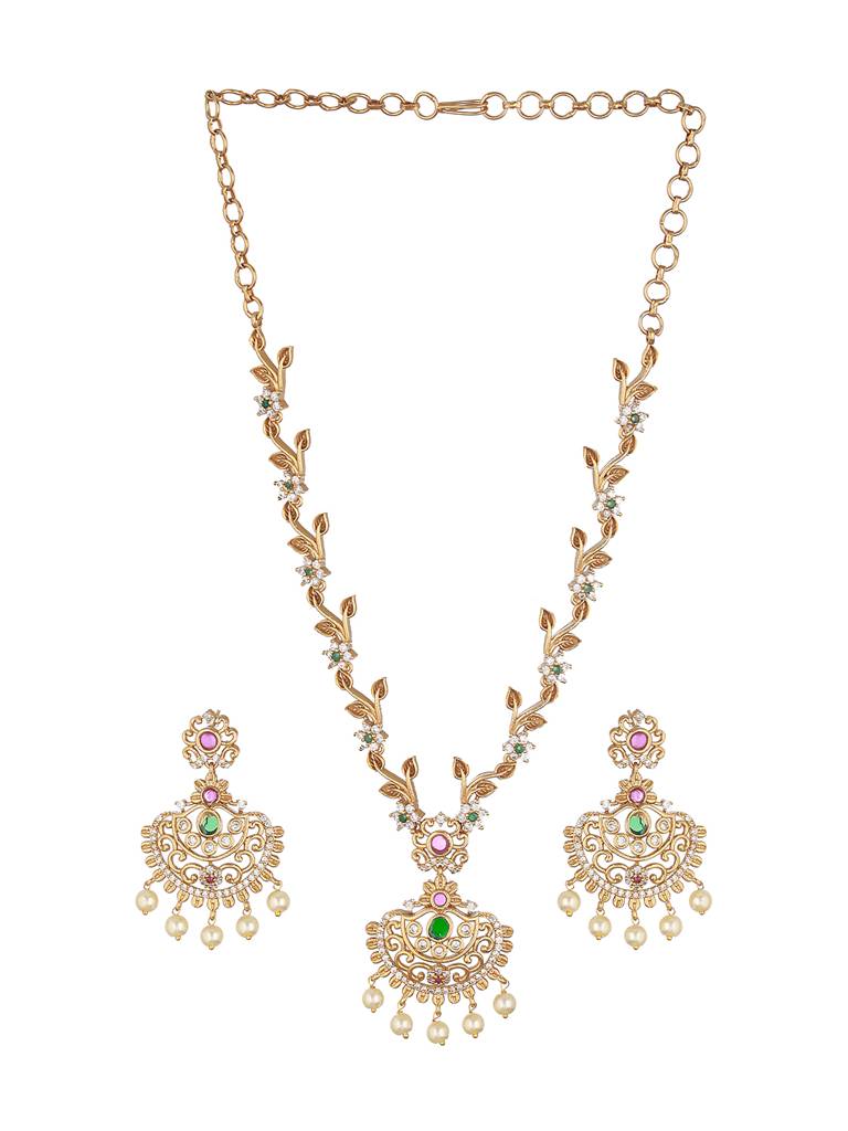 Gold Plated Cz Studded Floral Necklace Jewellery Set : SJNK2224