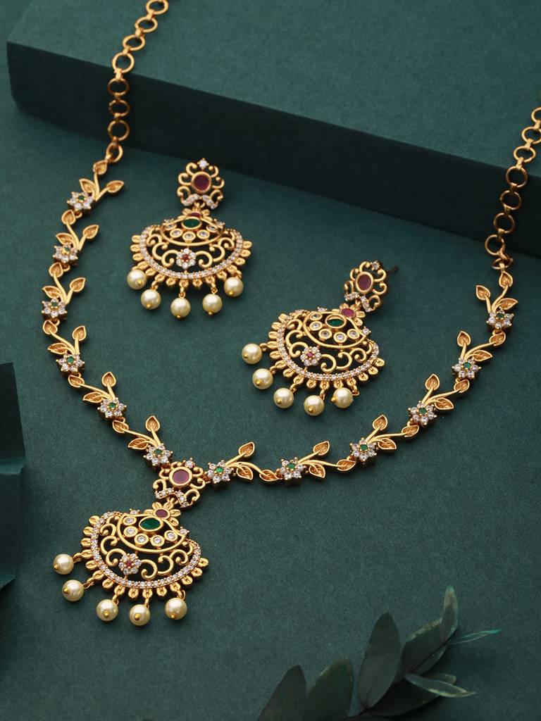 Gold Plated Cz Studded Floral Necklace Jewellery Set : SJNK2224