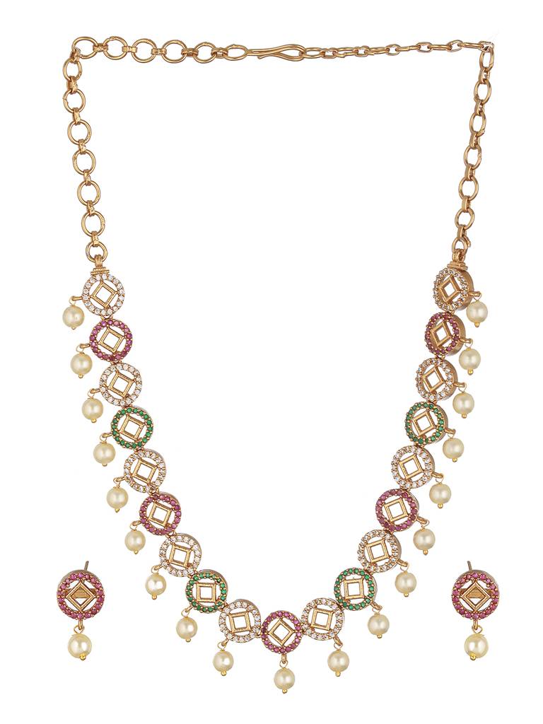 Gold Toned Zircon Studded Geometric Minimal Jewellery Set : SJNK2226