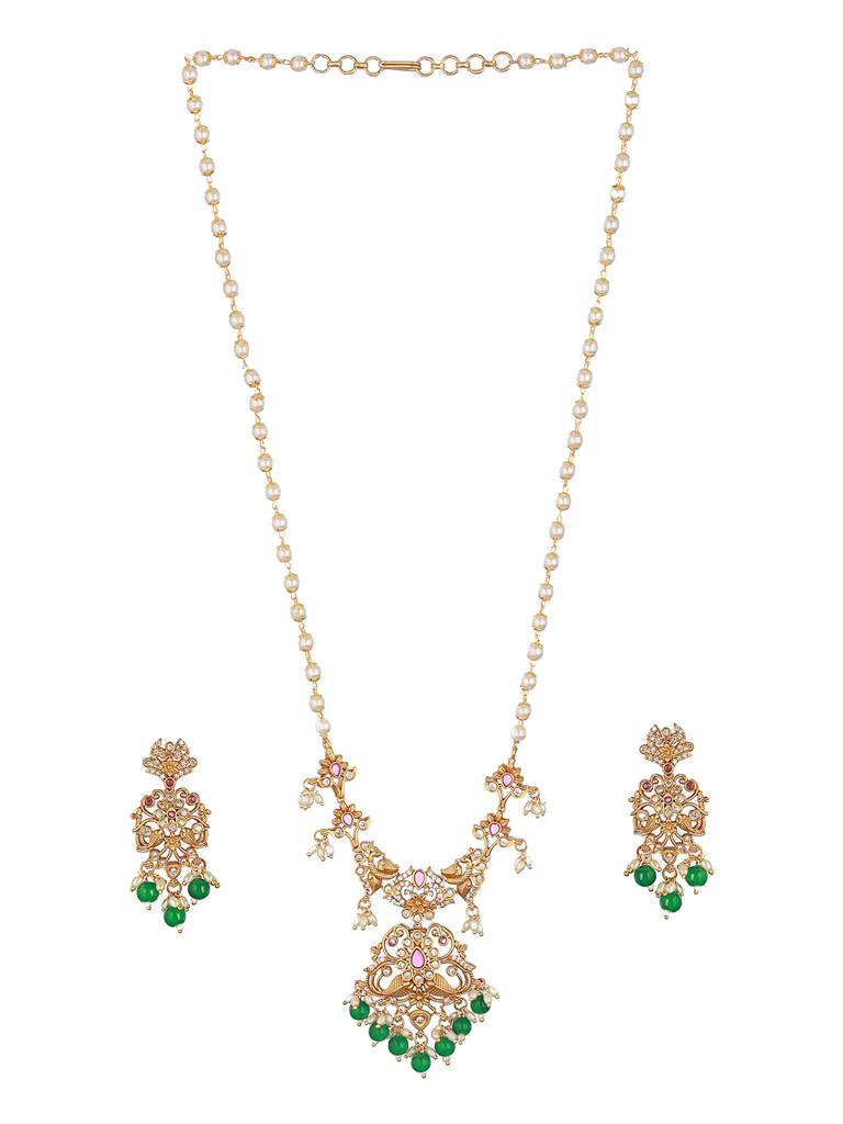 Gold Toned Pearl Mala Peacock Haram Necklace Jewellery Set : SJNK2227