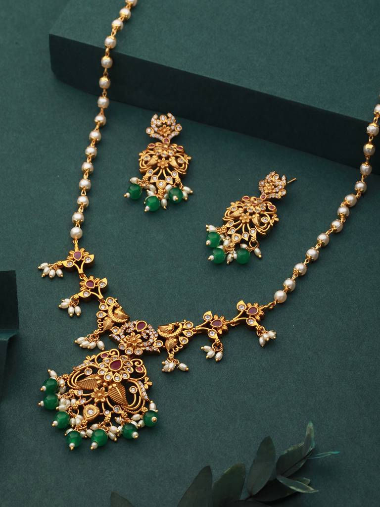 Gold Toned Pearl Mala Peacock Haram Necklace Jewellery Set : SJNK2227