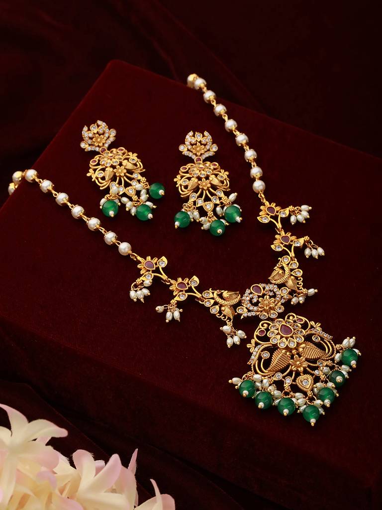 Gold Toned Pearl Mala Peacock Haram Necklace Jewellery Set : SJNK2227