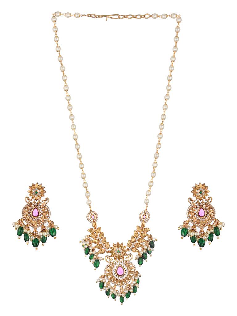 Gold Plated Pearl Mala Haram Floral Necklace Jewellery Set : SJNK2228