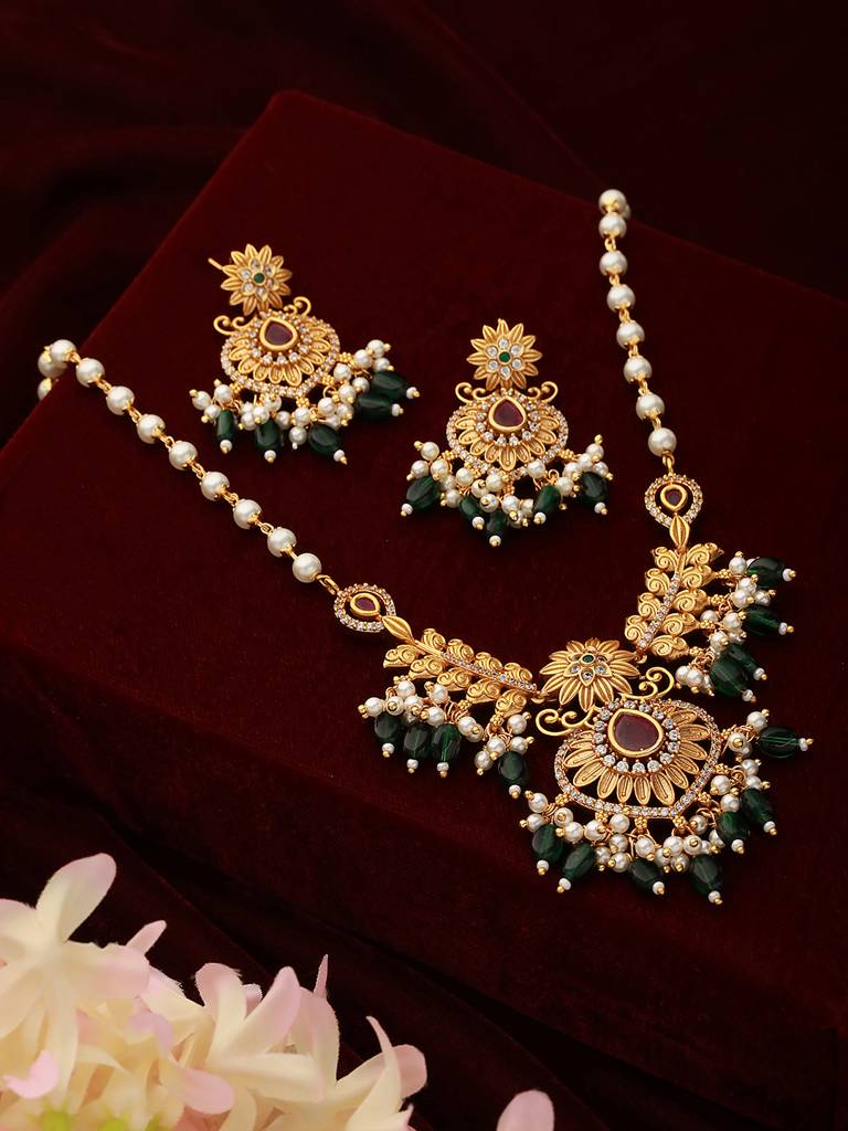 Gold Plated Pearl Mala Haram Floral Necklace Jewellery Set : SJNK2228