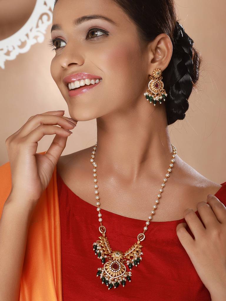 Gold Plated Pearl Mala Haram Floral Necklace Jewellery Set : SJNK2228