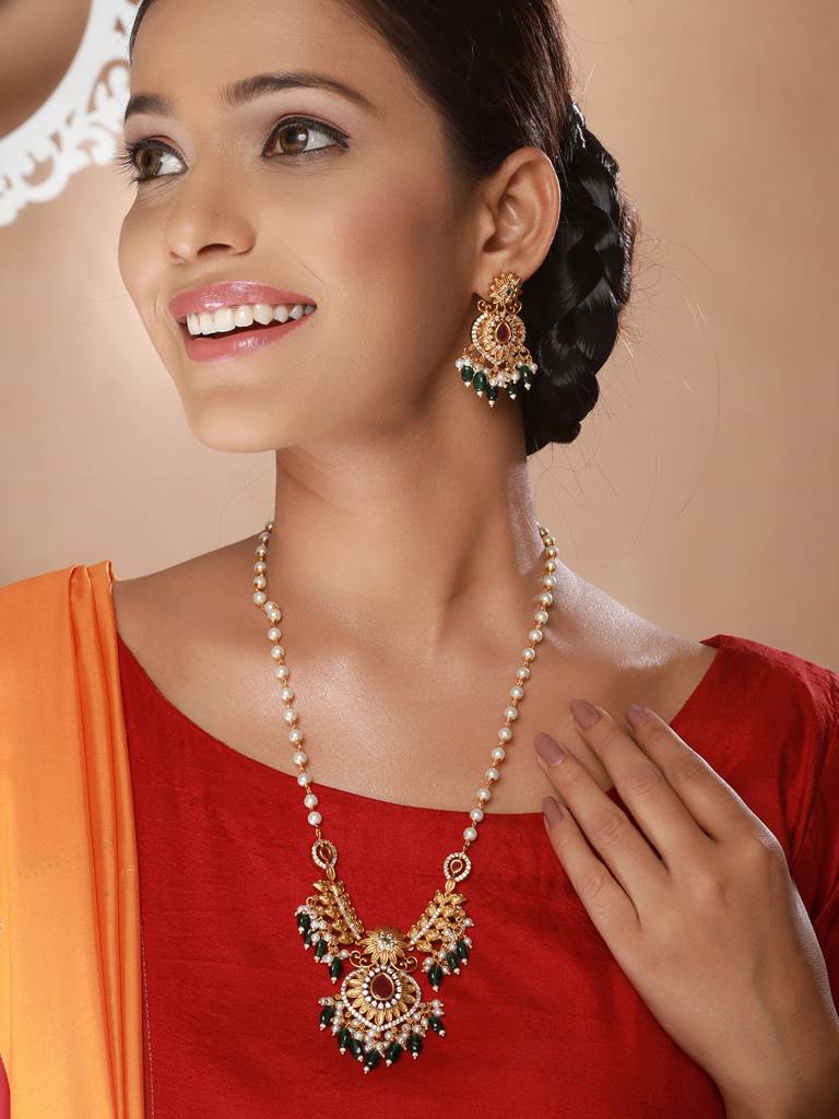 Gold Plated Pearl Mala Haram Floral Necklace Jewellery Set : SJNK2228