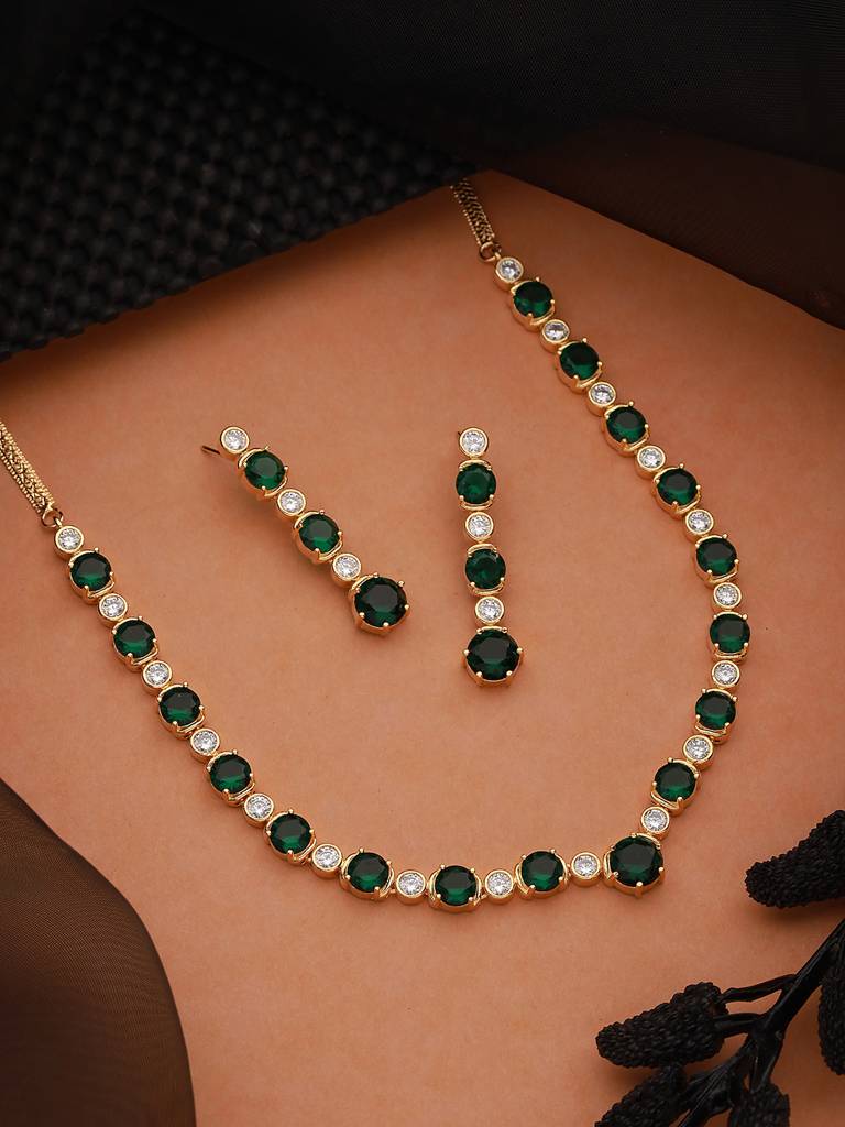 Gold Plated Green Cz Minimal Jewellery Set : SJNK2231