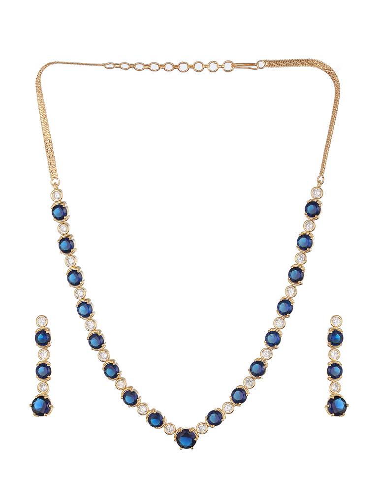 Gold Plated Blue Zircon Minimal Necklace Jewellery Set : SJNK2232