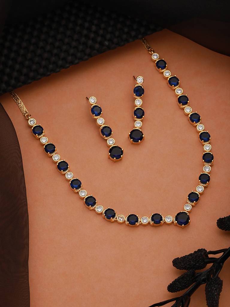 Gold Plated Blue Zircon Minimal Necklace Jewellery Set : SJNK2232