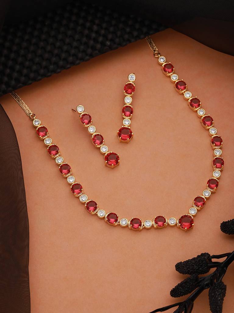 Gold Toned Red Ruby Minimal Necklace Jewellery Set : SJNK2233