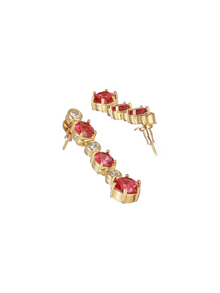 Gold Toned Red Ruby Minimal Necklace Jewellery Set : SJNK2233