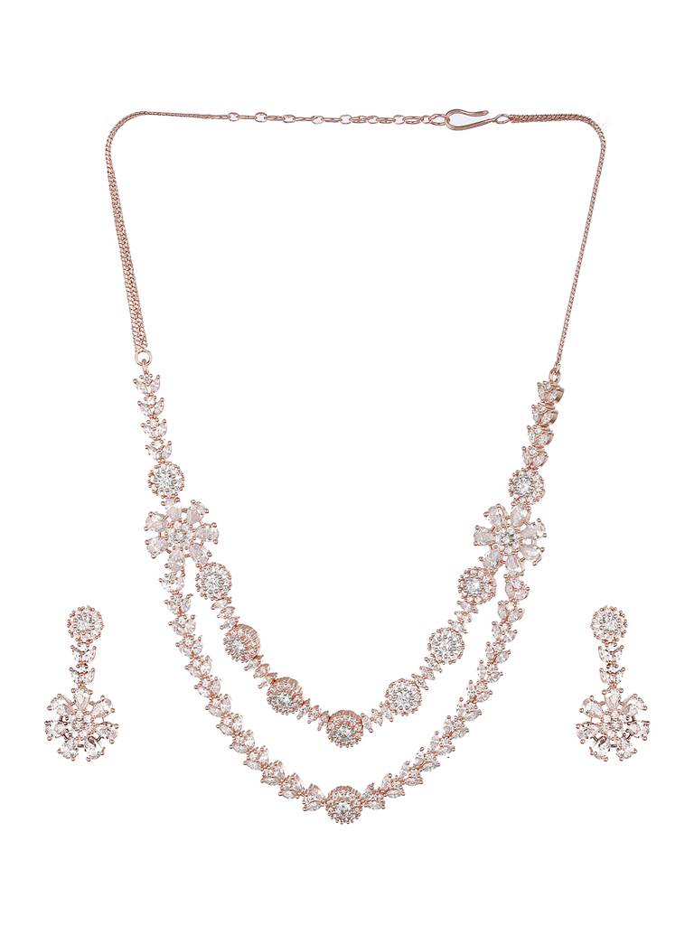 Silver Toned Cz Studded 2 Line Floral Jewellery Set : SJNK2236