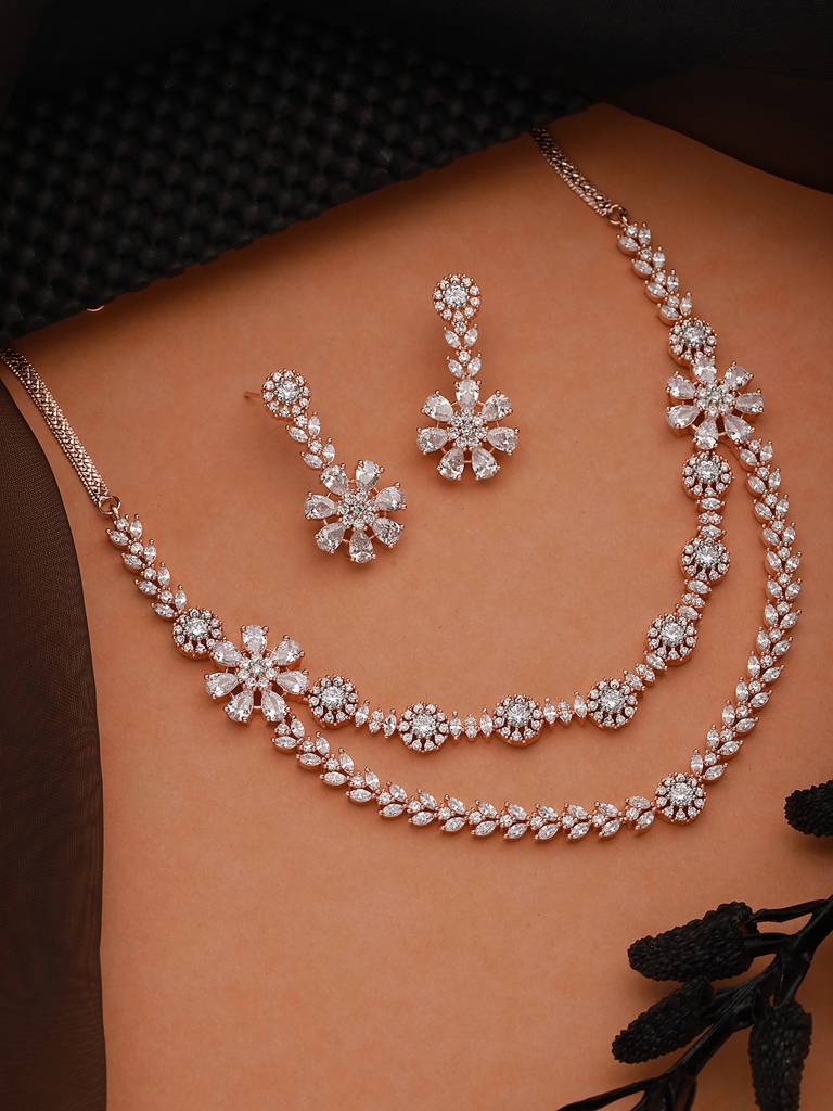 Silver Toned Cz Studded 2 Line Floral Jewellery Set : SJNK2236