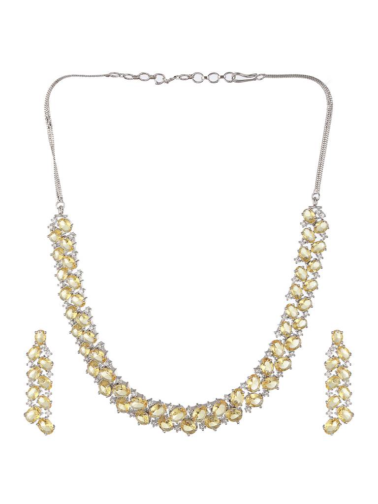 Silver Toned Yellow Ad Studded Minimal Designer Jewellery Set : SJNK2237