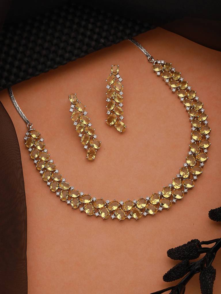Silver Toned Yellow Ad Studded Minimal Designer Jewellery Set : SJNK2237