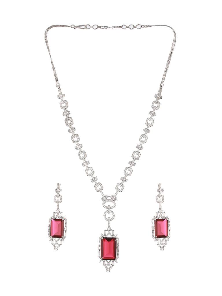 Silver Toned Cz Studded Red Ruby Designer Necklace Jewellery Set : SJNK2238