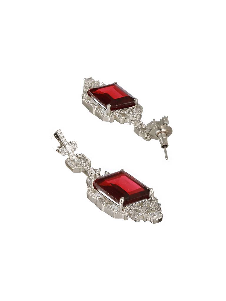 Silver Toned Cz Studded Red Ruby Designer Necklace Jewellery Set : SJNK2238