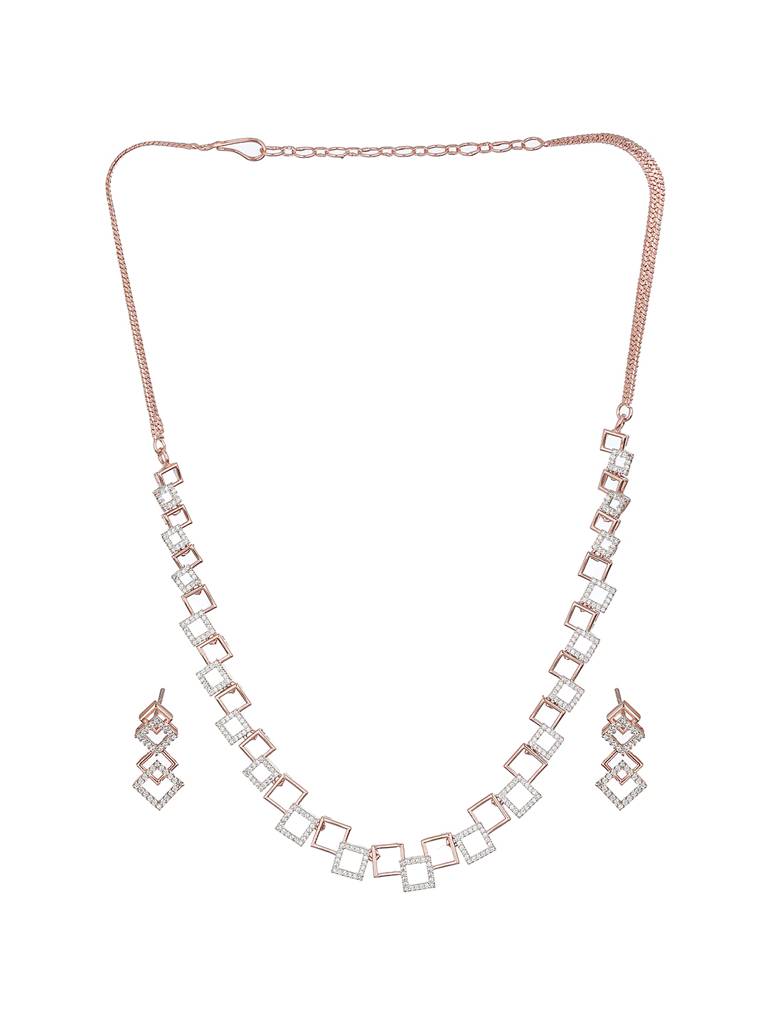 Rose Gold Plated Ad Studded Minimal Geometric Necklace Jewellery Set : SJNK2240