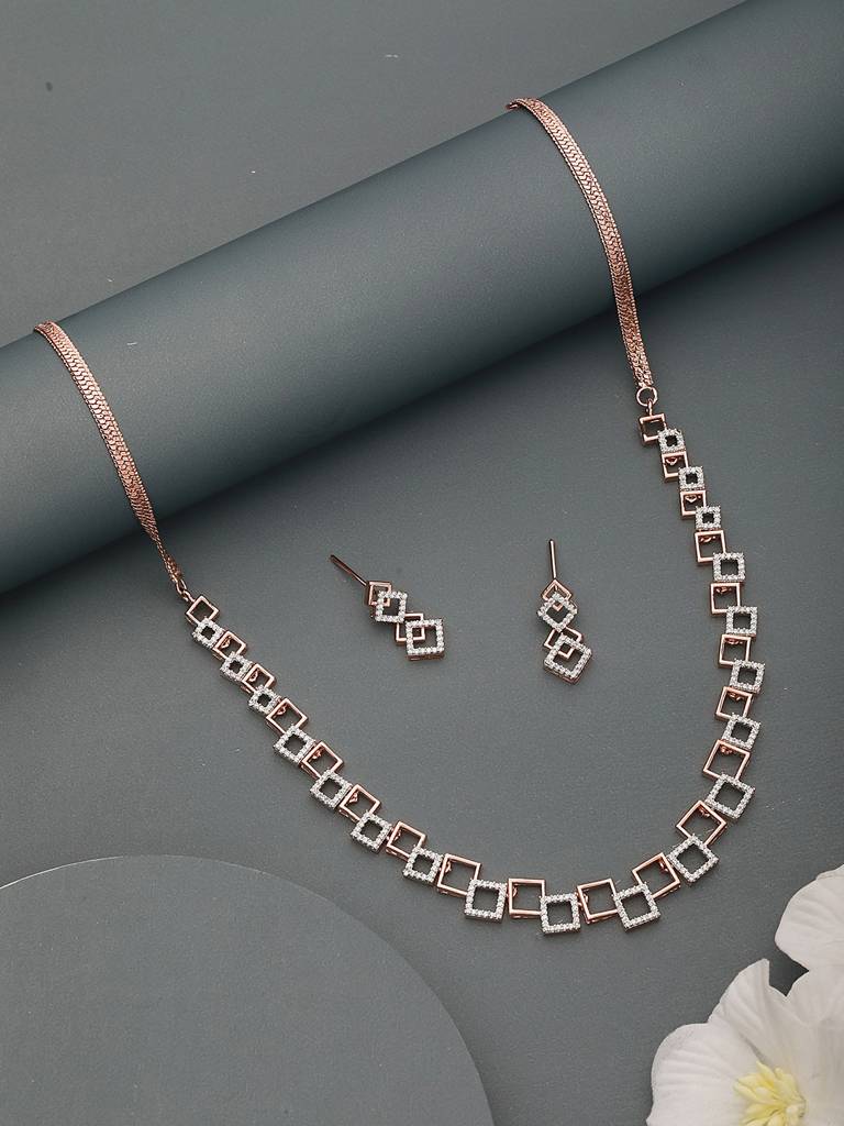 Rose Gold Plated Ad Studded Minimal Geometric Necklace Jewellery Set : SJNK2240