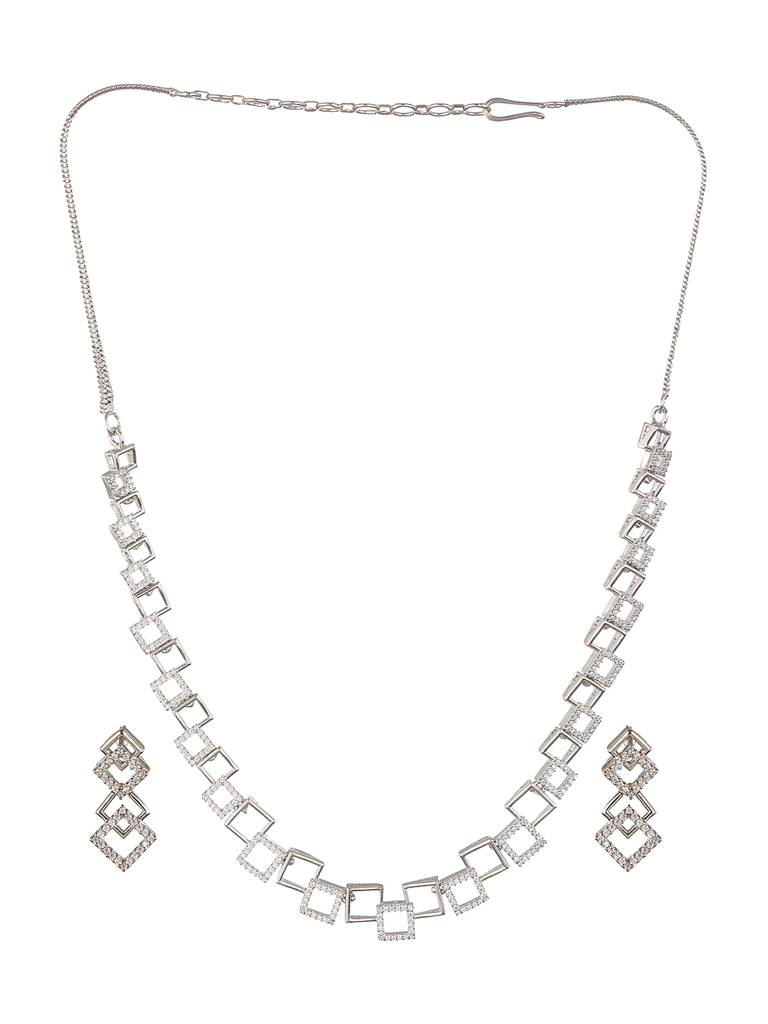 Silver Plated Ad Studded Minimal Geometric Necklace Jewellery Set : SJNK2241