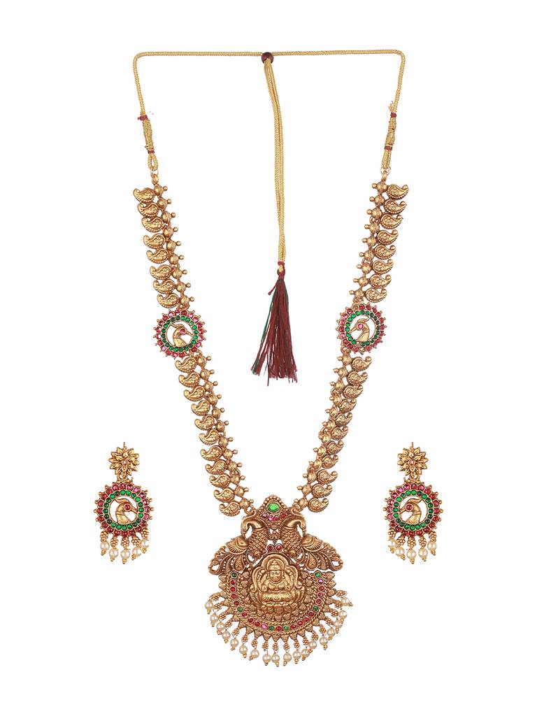22K Gold-Plated Multi Stone-Studded Handcrafted Temple Luxury Jewellery Set : SJNK2271
