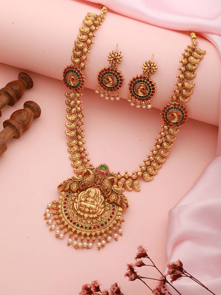 22K Gold-Plated Multi Stone-Studded Handcrafted Temple Luxury Jewellery Set : SJNK2271