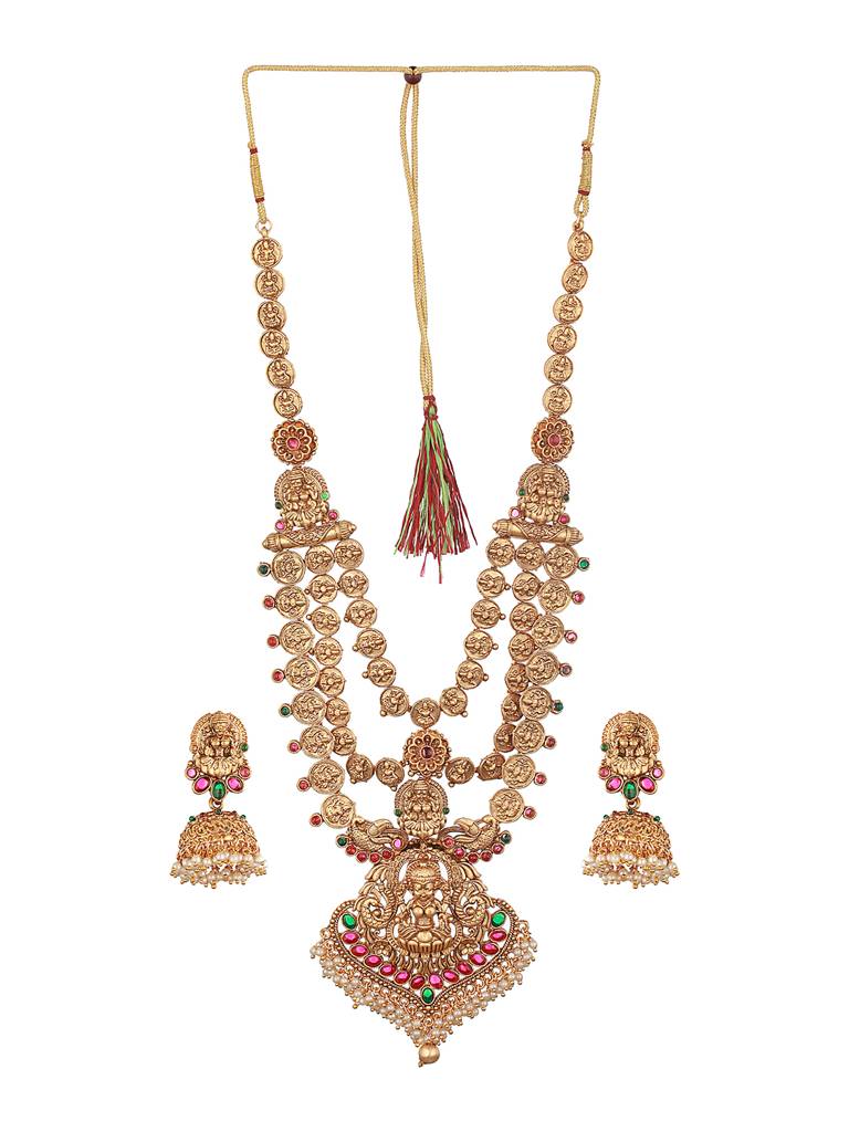 22K Gold-Plated Stone-Studded & Beaded Temple Lakshmiji Coin Bridal Jewellery Set : SJNK2272