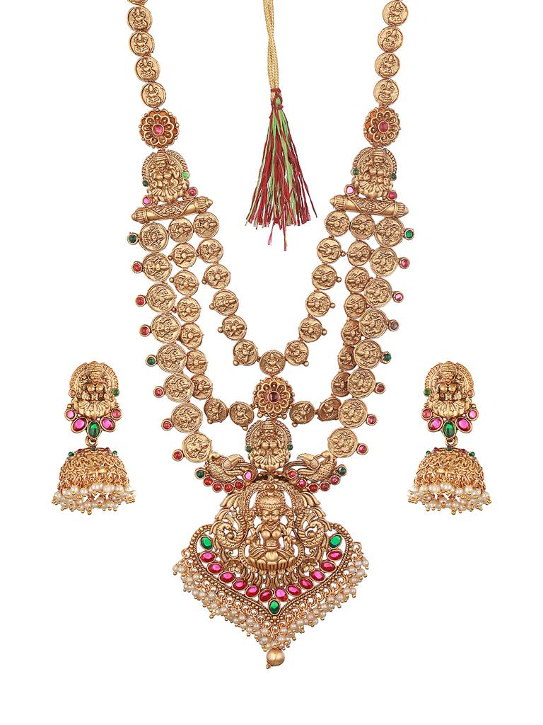 22K Gold-Plated Stone-Studded & Beaded Temple Lakshmiji Coin Bridal Jewellery Set : SJNK2272