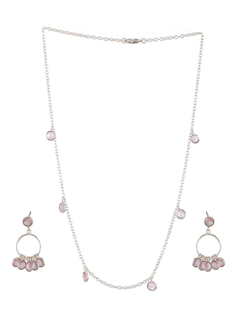 Silver Toned Pink Ad Studded Minimal Necklace Chandbali Jewellery Set : SJNK2281