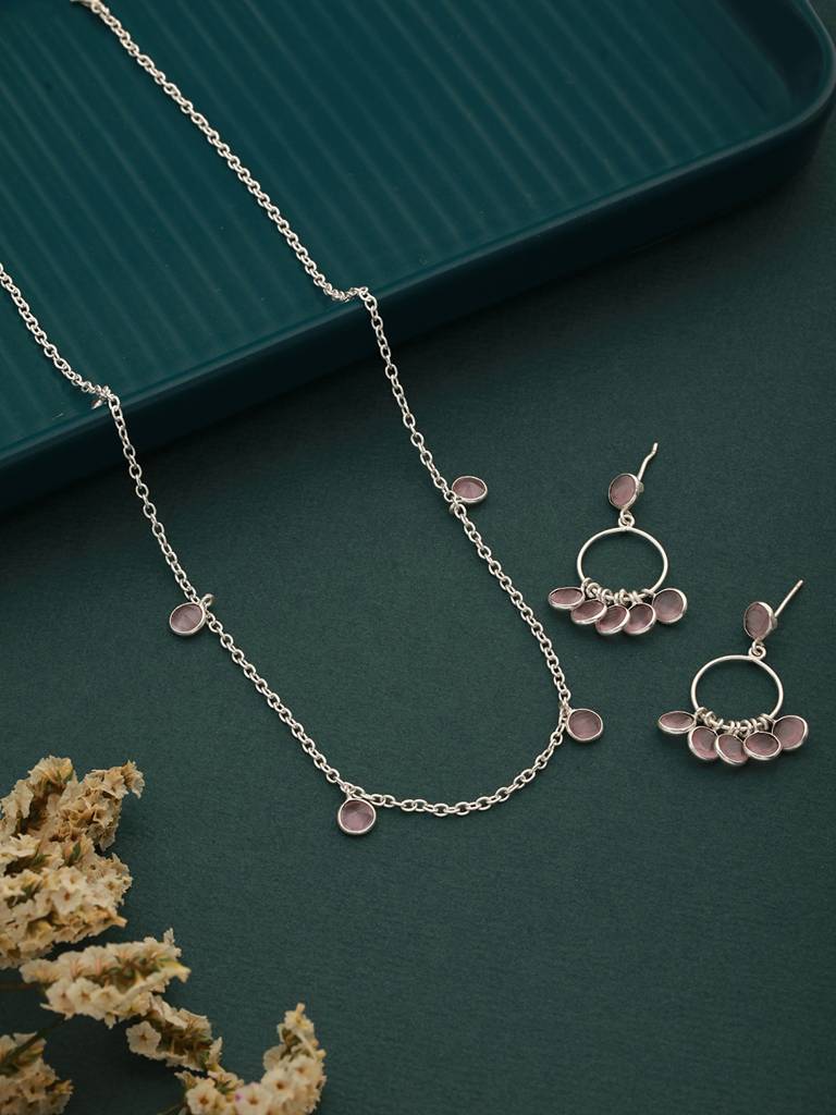 Silver Toned Pink Ad Studded Minimal Necklace Chandbali Jewellery Set : SJNK2281