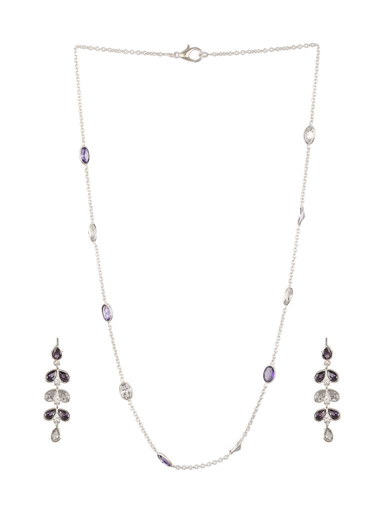 Silver Toned Amethyst Purple Minimal Necklace With Floral Earrings Jewellery Set : SJNK2282