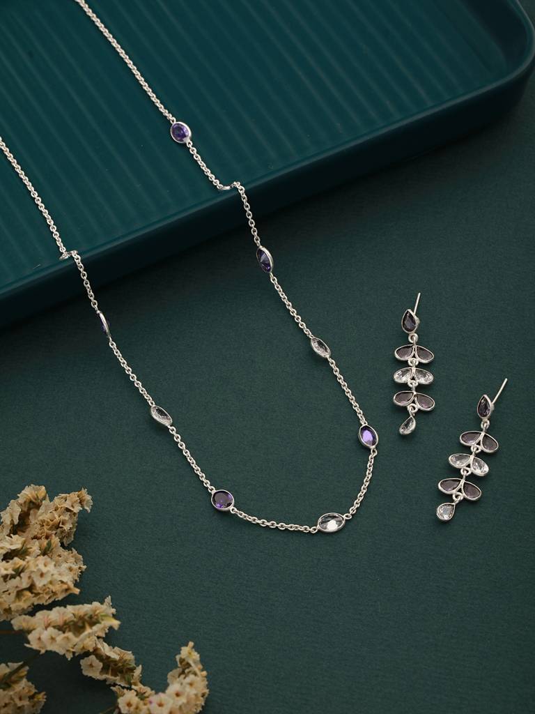 Silver Toned Amethyst Purple Minimal Necklace With Floral Earrings Jewellery Set : SJNK2282