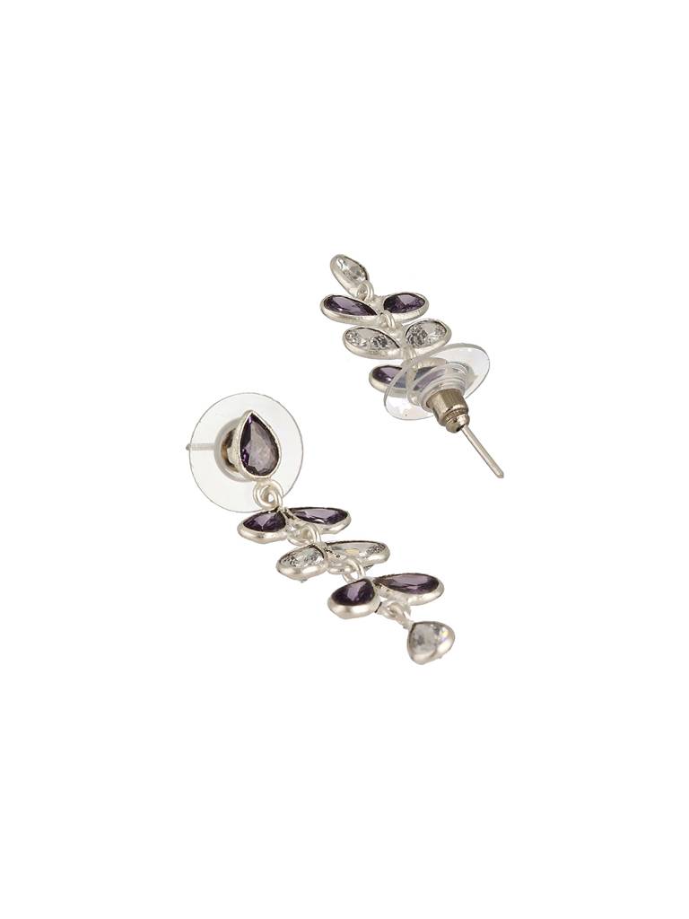 Silver Toned Amethyst Purple Minimal Necklace With Floral Earrings Jewellery Set : SJNK2282