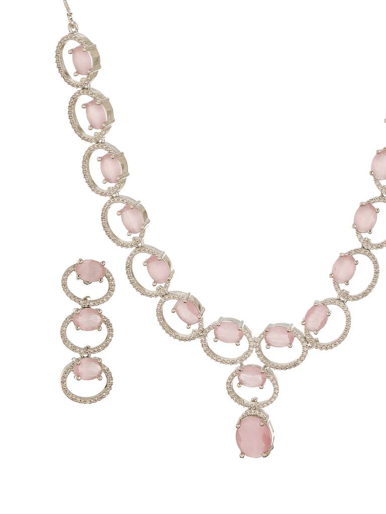 Silver Toned Pink Ad Zircon Studded Minimal Designer Necklace Jewellery Set : SJNK2833