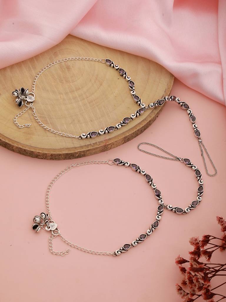 Silver Oxidised Stone Studded Foot Harnass Anklet Payel : SJPL2280