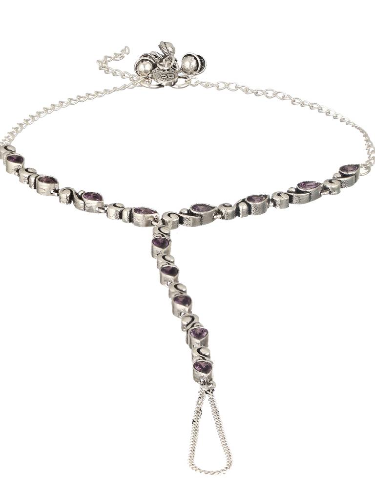 Silver Oxidised Stone Studded Foot Harnass Anklet Payel : SJPL2280