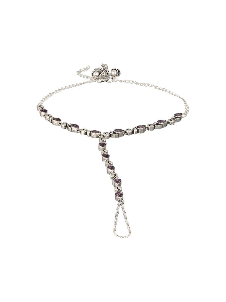 Silver Oxidised Stone Studded Foot Harnass Anklet Payel : SJPL2280