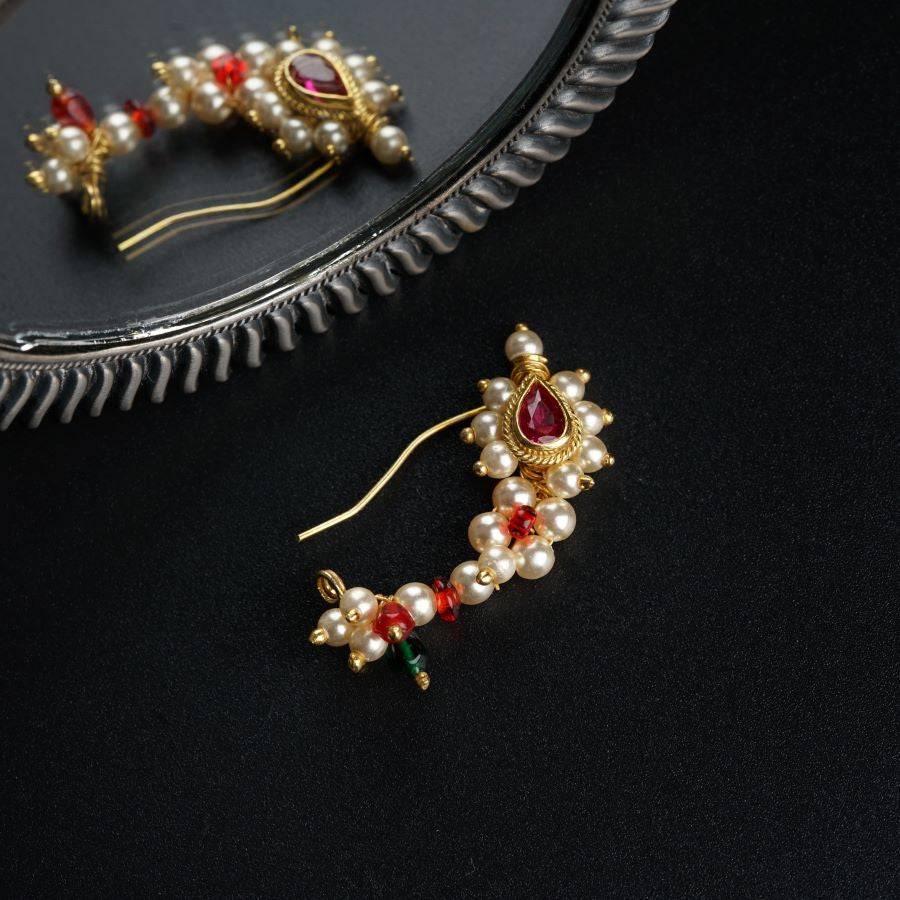 Pearl Handmade Silver Gold Plated Nath: Small (Left, Pierced) : silver_nath_maharashtrian_gold_plated_pierced1