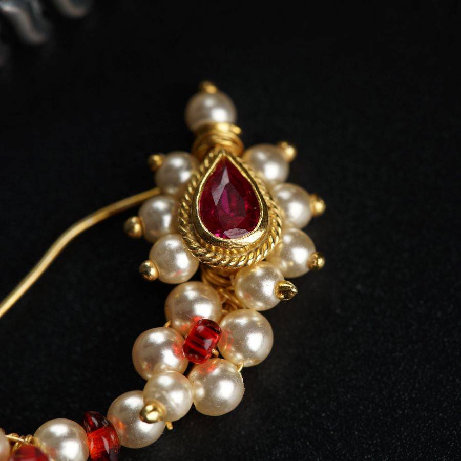 Pearl Handmade Silver Gold Plated Nath: Small (Left, Pierced) : silver_nath_maharashtrian_gold_plated_pierced1