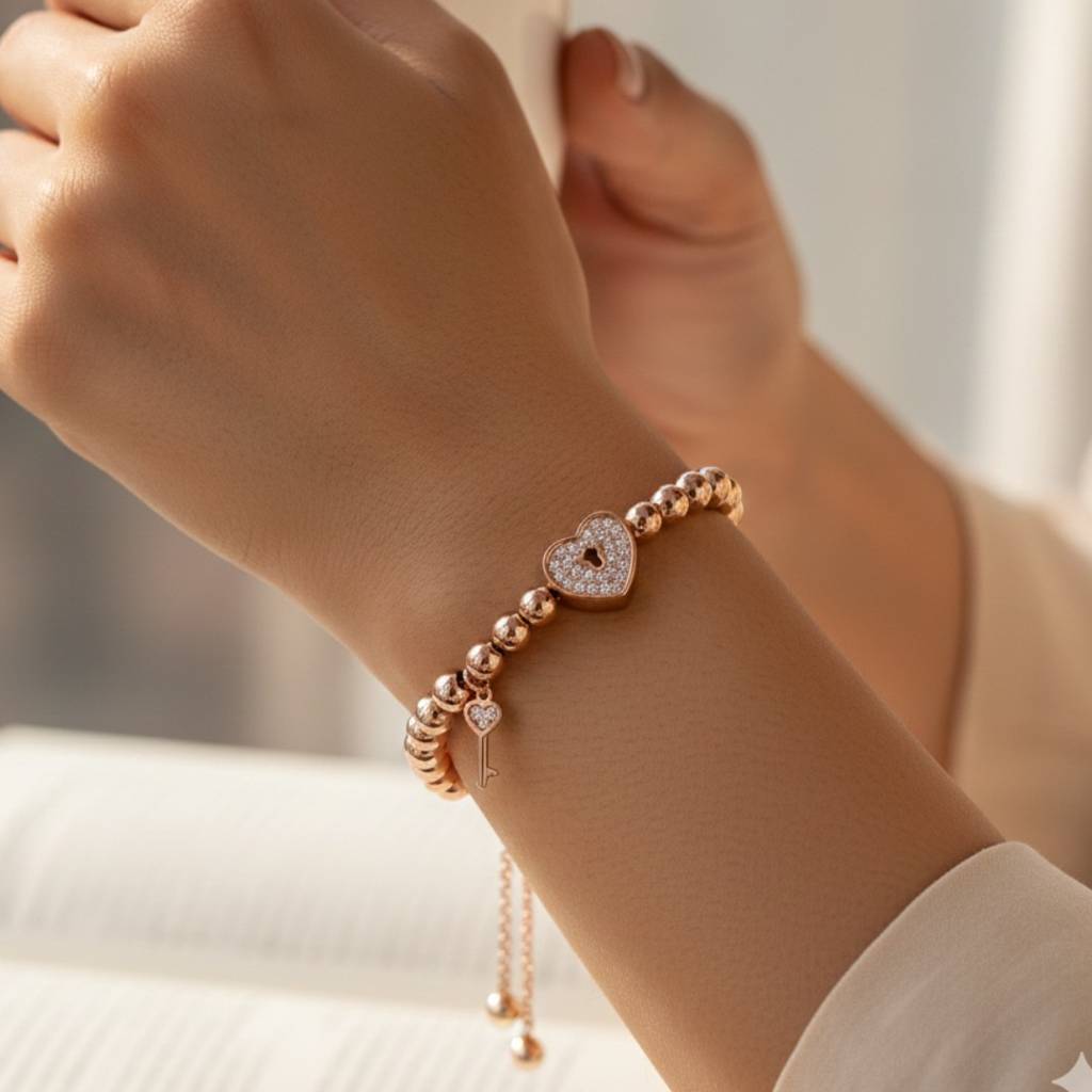 Adjustable Heart Charm Silver Bracelet With Key Pendant & Unique Lock Pattern : SMR40