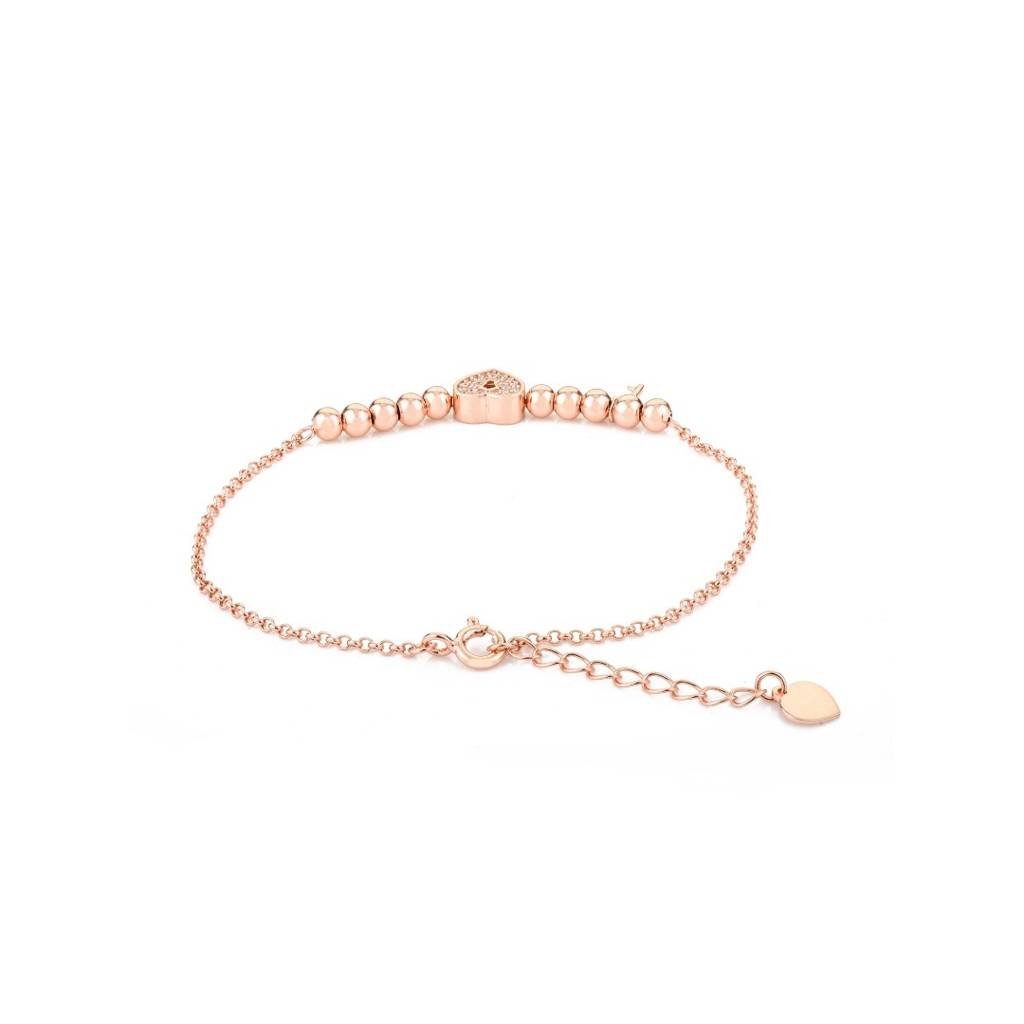 Adjustable Heart Charm Silver Bracelet With Key Pendant & Unique Lock Pattern : SMR40