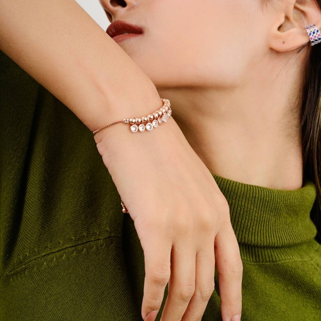 Rose Gold Cz Diamond Charms Adjustable Bracelet In 925 Silver : SMR42
