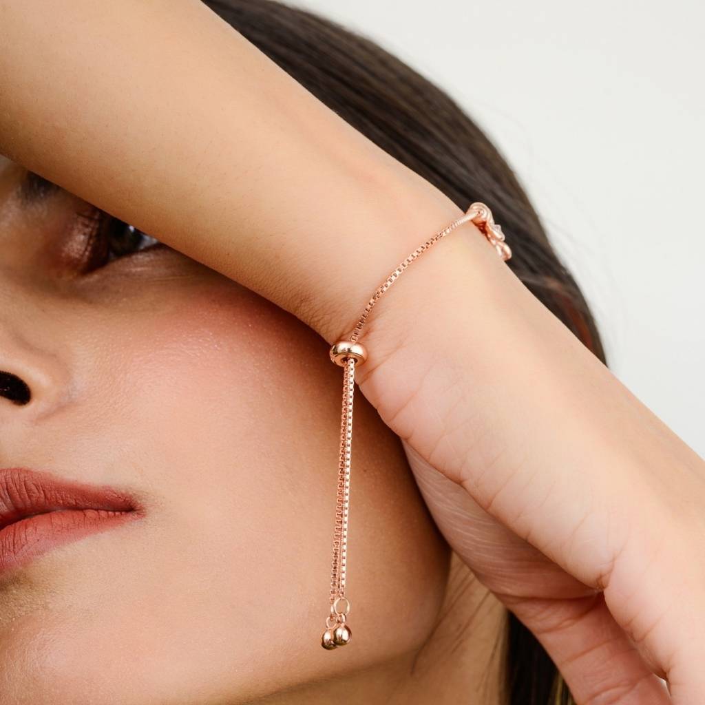 Rose Gold Cz Diamond Charms Adjustable Bracelet In 925 Silver : SMR42